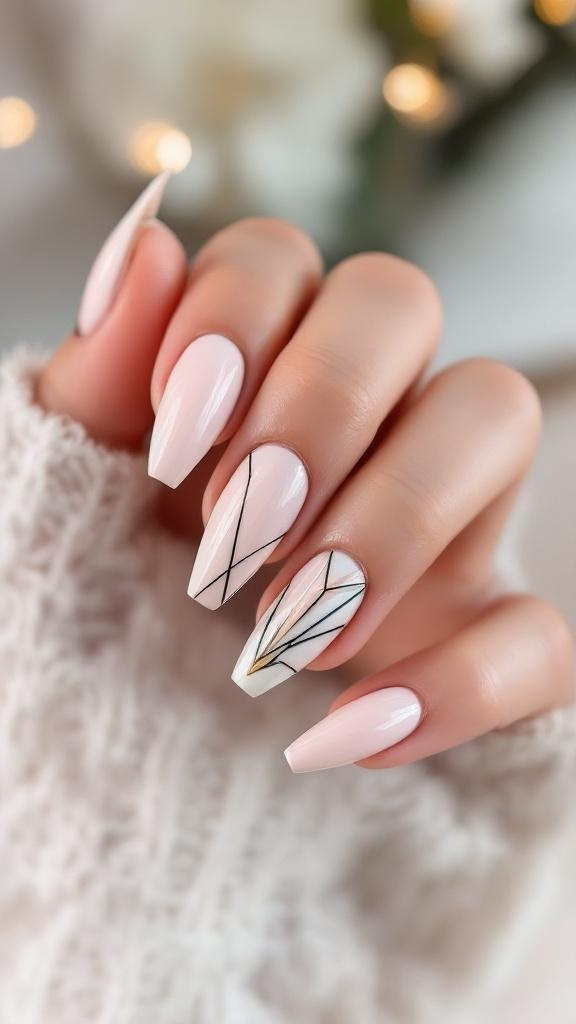 Close-up of hands with geometric patterned nails and rings