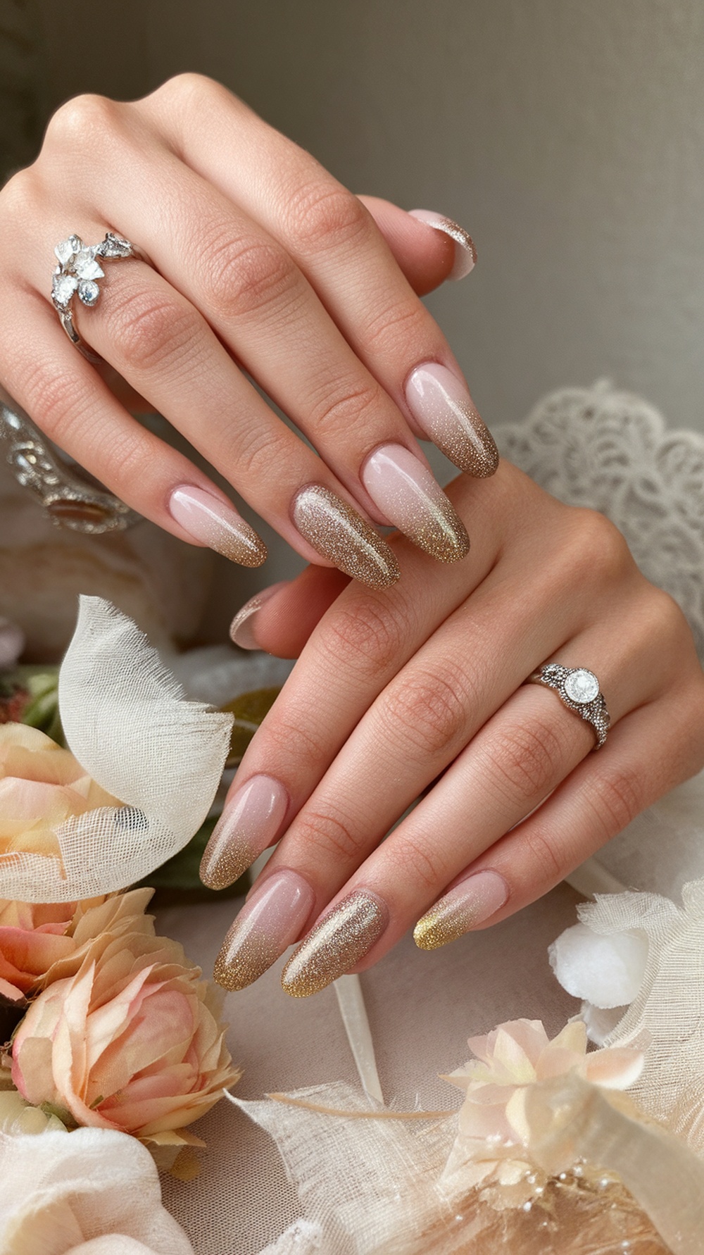 A close-up of elegant glittering ombre nails with a soft nude base and sparkling gold tips, adorned with rings and flowers.