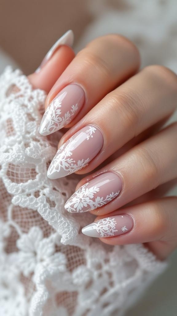 Lace-inspired nail design with rings on a hand, showcasing intricate white lace patterns on a neutral background.