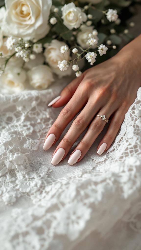 Close-up of minimalist nude nails with white leaf design, showcasing a subtle and elegant bridal look.