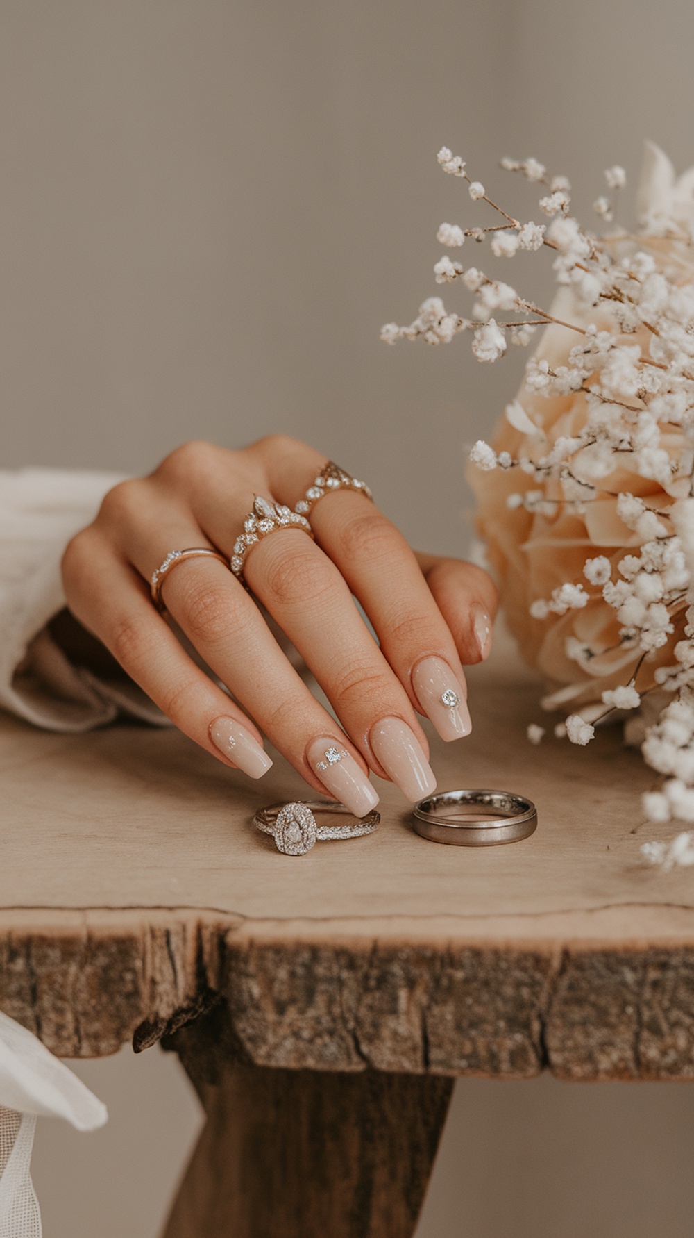 A close-up of a hand with nude nails featuring jewel embellishments, alongside wedding rings and flowers.
