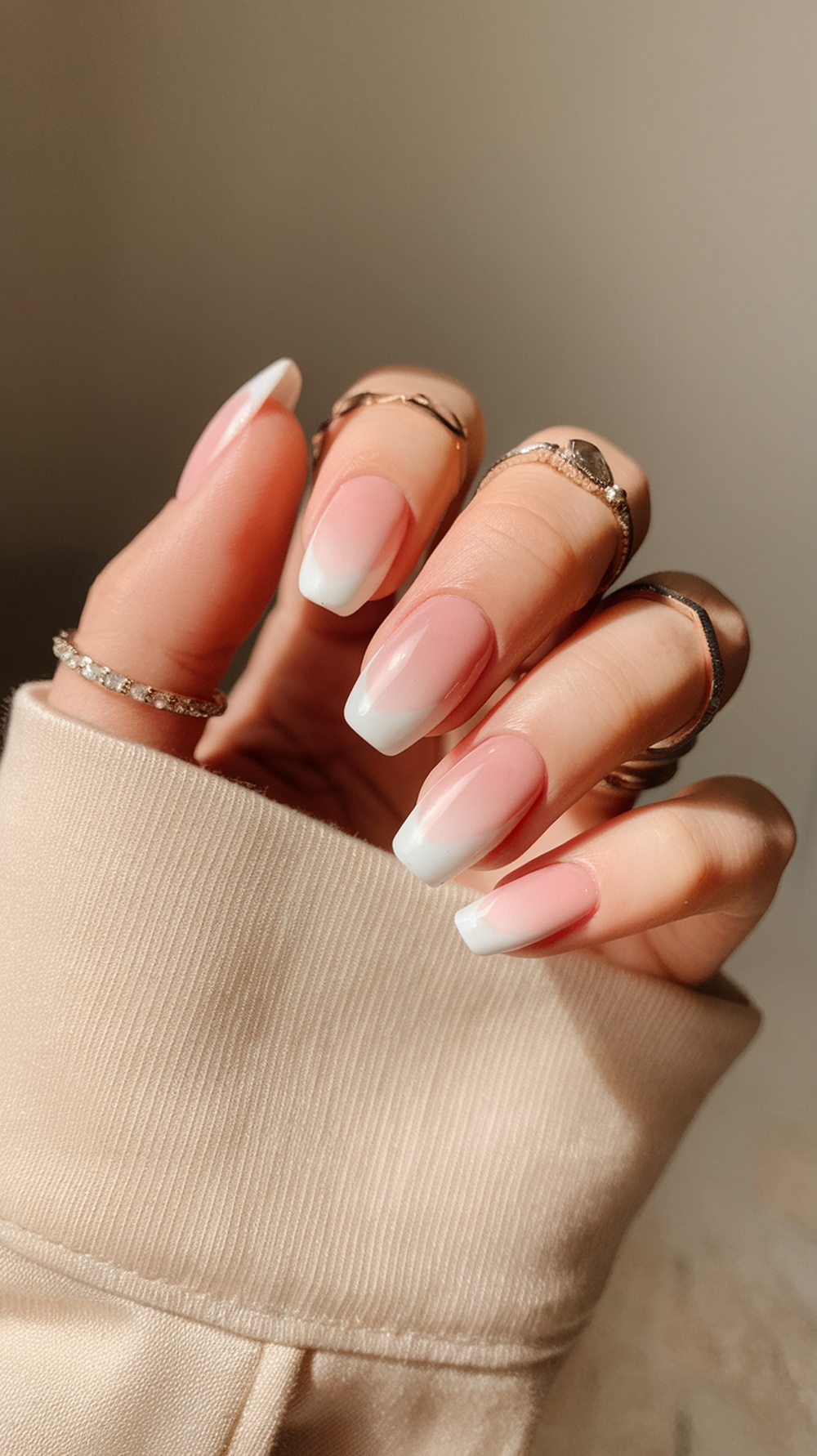 A hand with ombre nails featuring a pink to white gradient, adorned with rings.