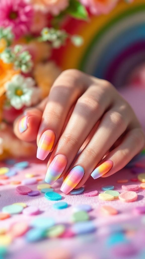 Pastel rainbow nail art with swirls of colors on long nails, adorned with rings, set against a decorative background.