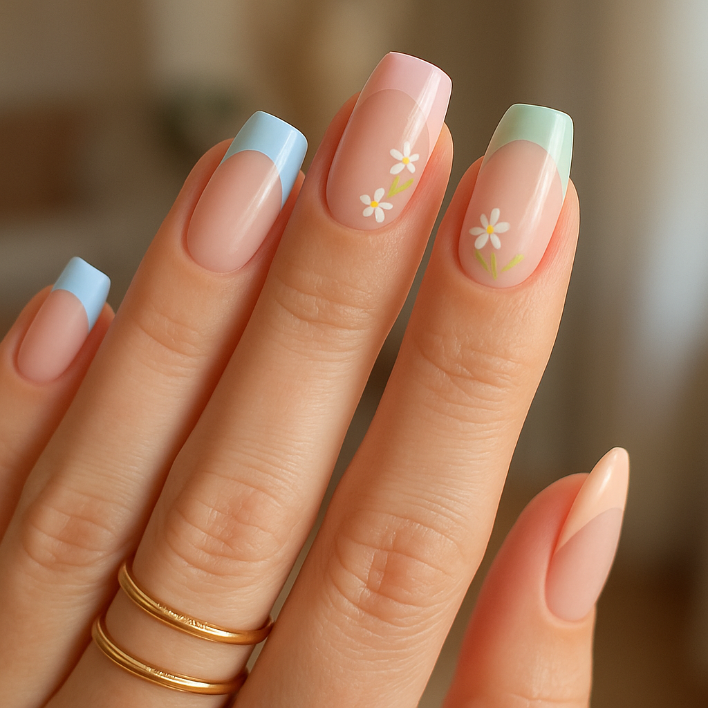 A close-up of elegant acrylic nails featuring pastel French tips and floral designs.