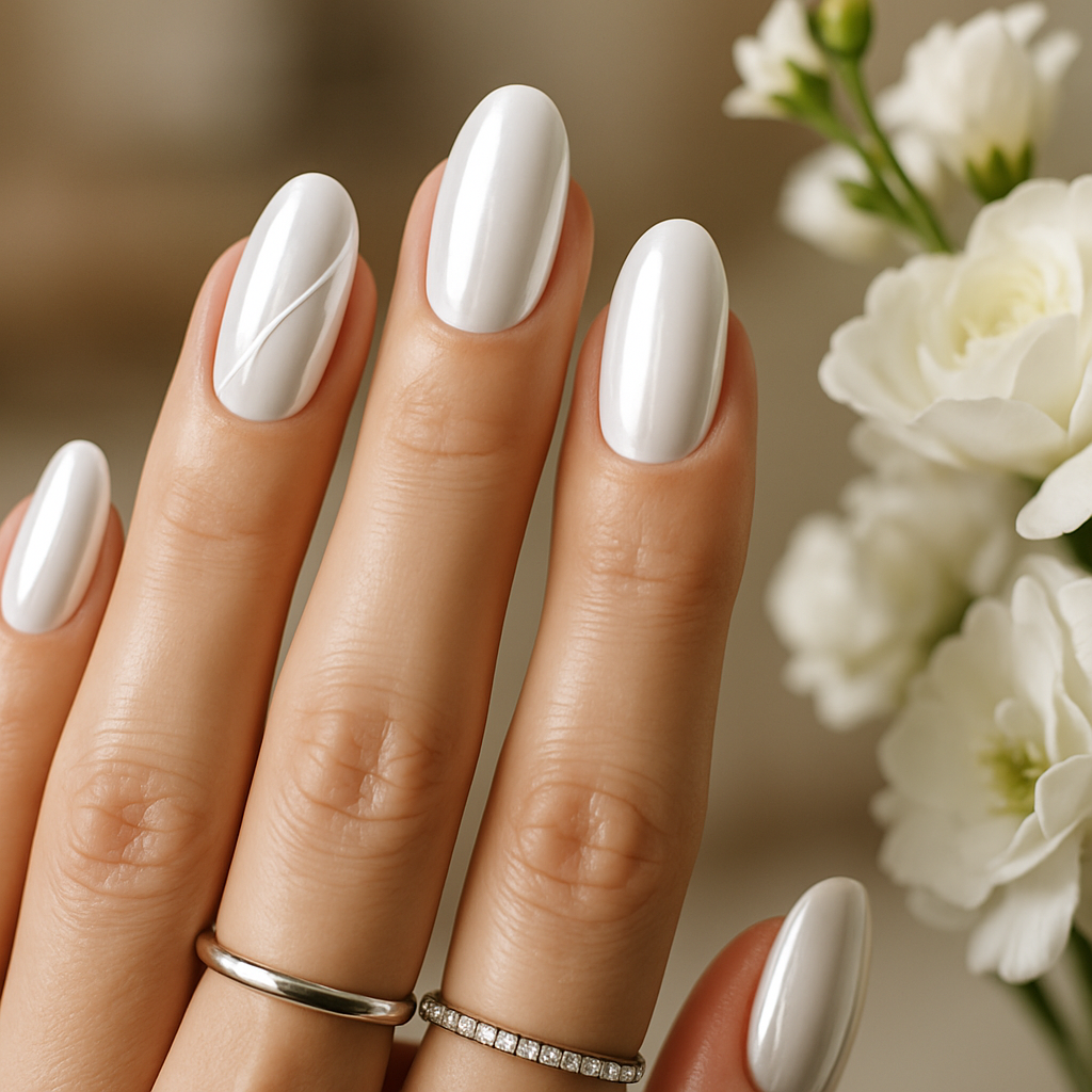 Close-up of manicured hands with white chrome nails and delicate rings, surrounded by flowers.