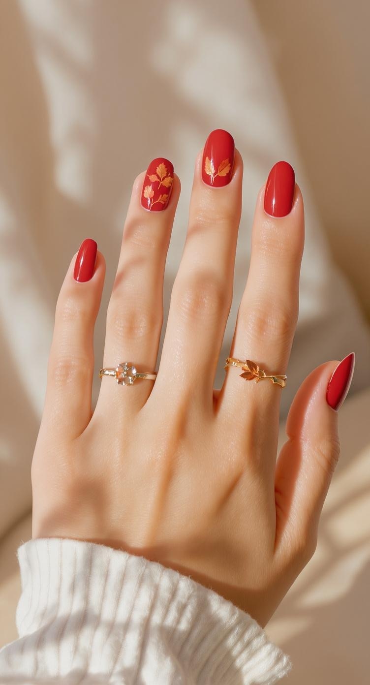 A hand with red nails featuring gold leaf designs, adorned with rings, against a soft background.