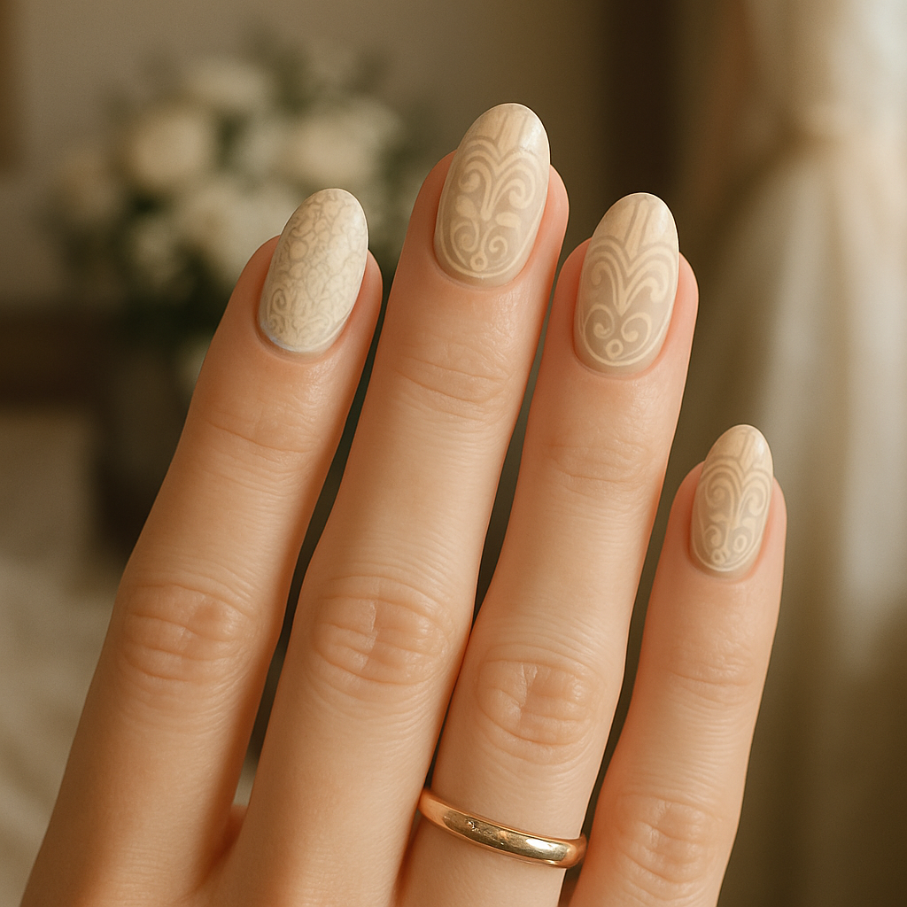 Close-up of vintage inspired nail art featuring intricate designs on elegantly manicured nails.