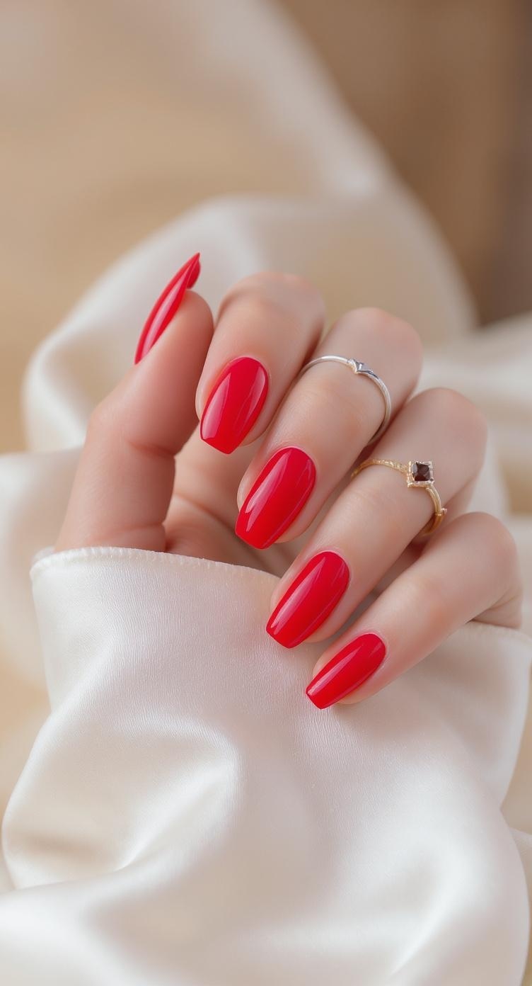 Close-up of elegant ombre red nails with a glossy finish, featuring delicate rings on fingers.
