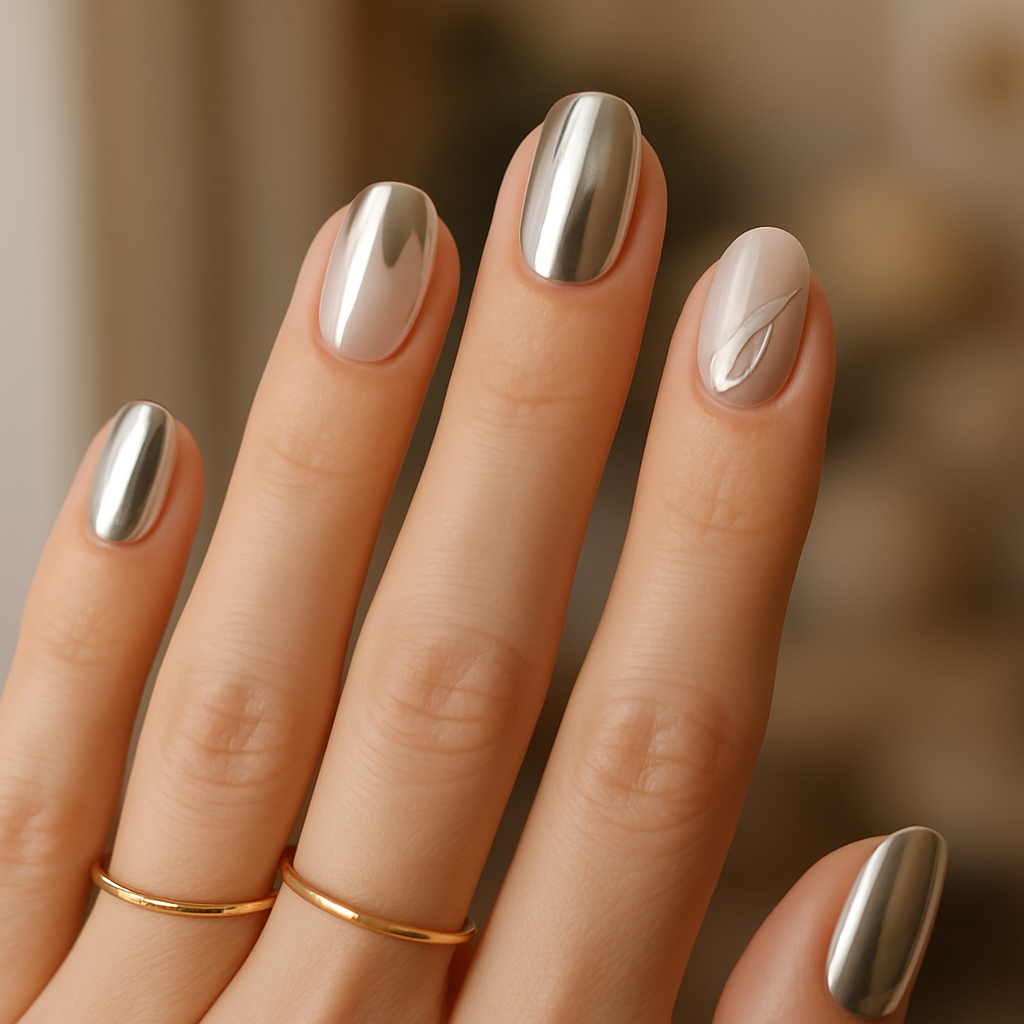 A close-up of elegant wedding chrome nails featuring a metallic finish and a delicate accent nail.