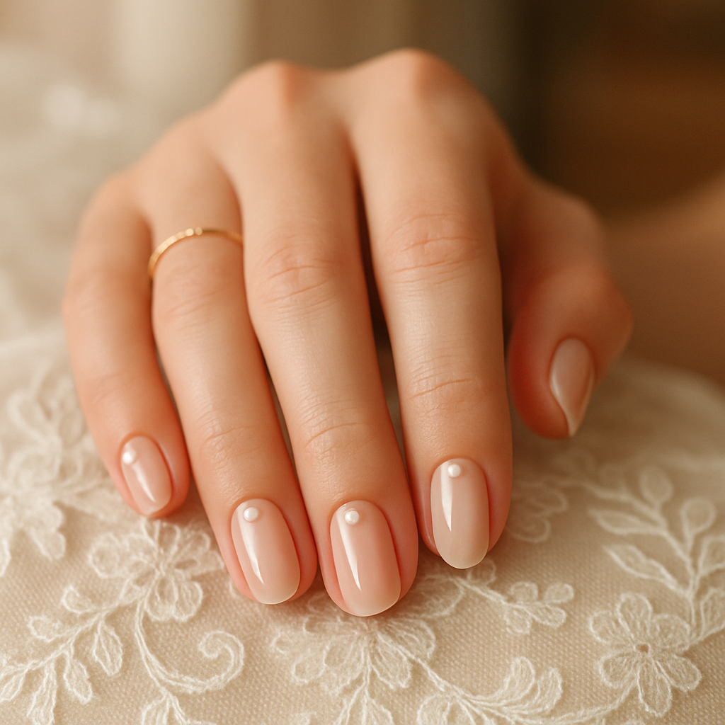 A close-up of a hand with nude nails featuring pearl accents, showcasing a simple yet elegant design.