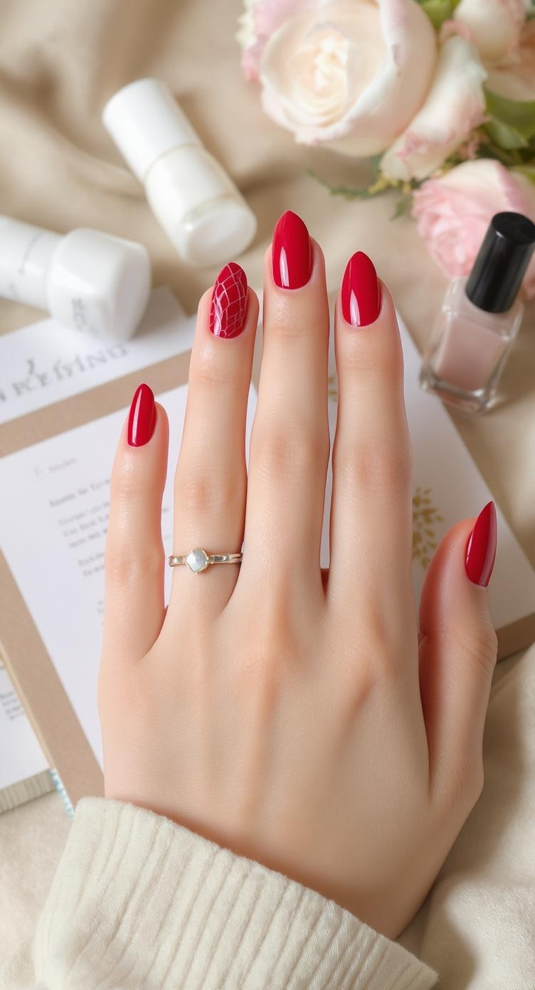 A close-up of a hand with red nails, featuring a unique accent nail design, surrounded by wedding-related items.