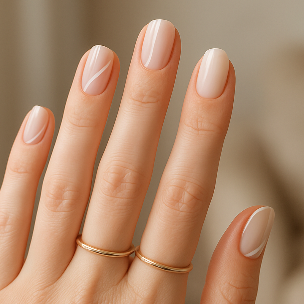 A close-up of a hand with minimalist nail designs, featuring neutral shades and subtle patterns, adorned with gold rings.