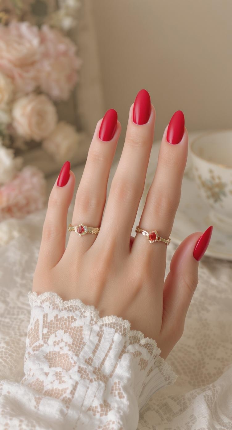 A close-up of a hand with vintage red nails and gold rings, wearing a lace sleeve.