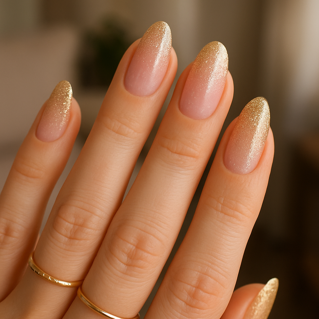Close-up of hands with glittering ombre nails, transitioning from nude to gold tips.