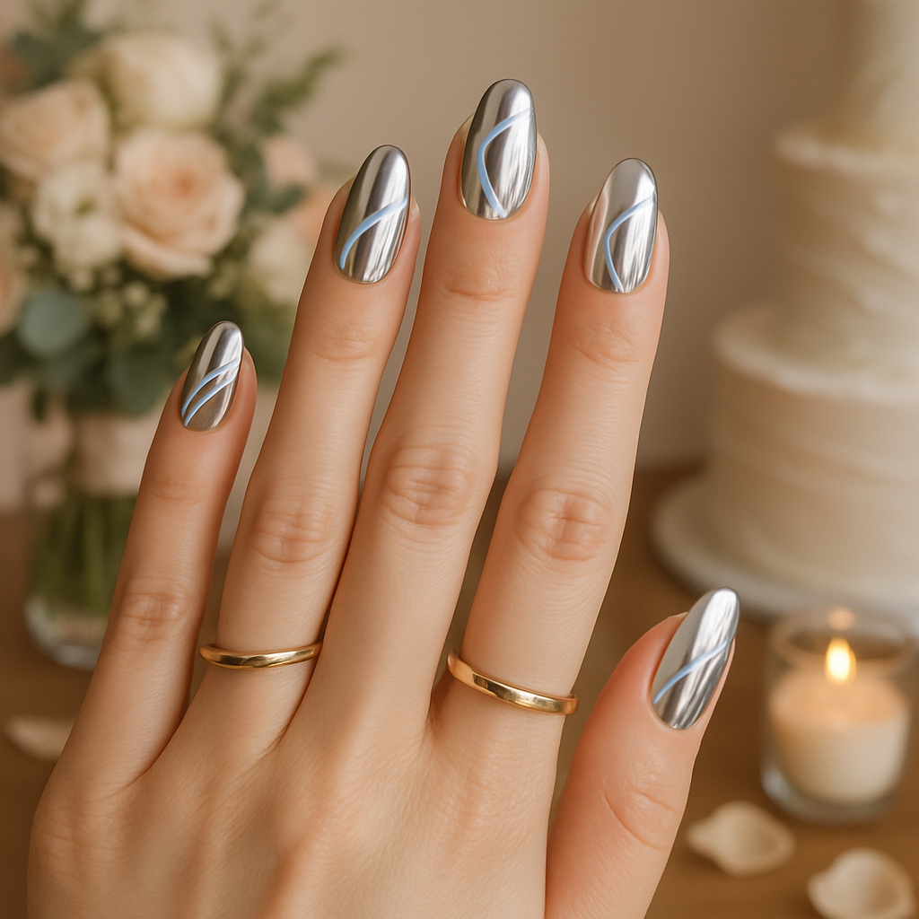 Close-up of a hand with chrome nails featuring blue accents, adorned with gold rings, with a bouquet and wedding cake in the background.