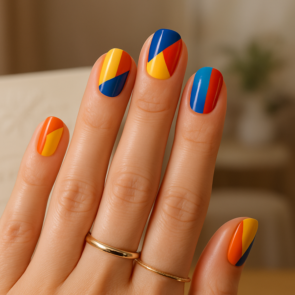 A hand with colorful geometric patterned nails featuring yellow, blue, red, and orange colors.