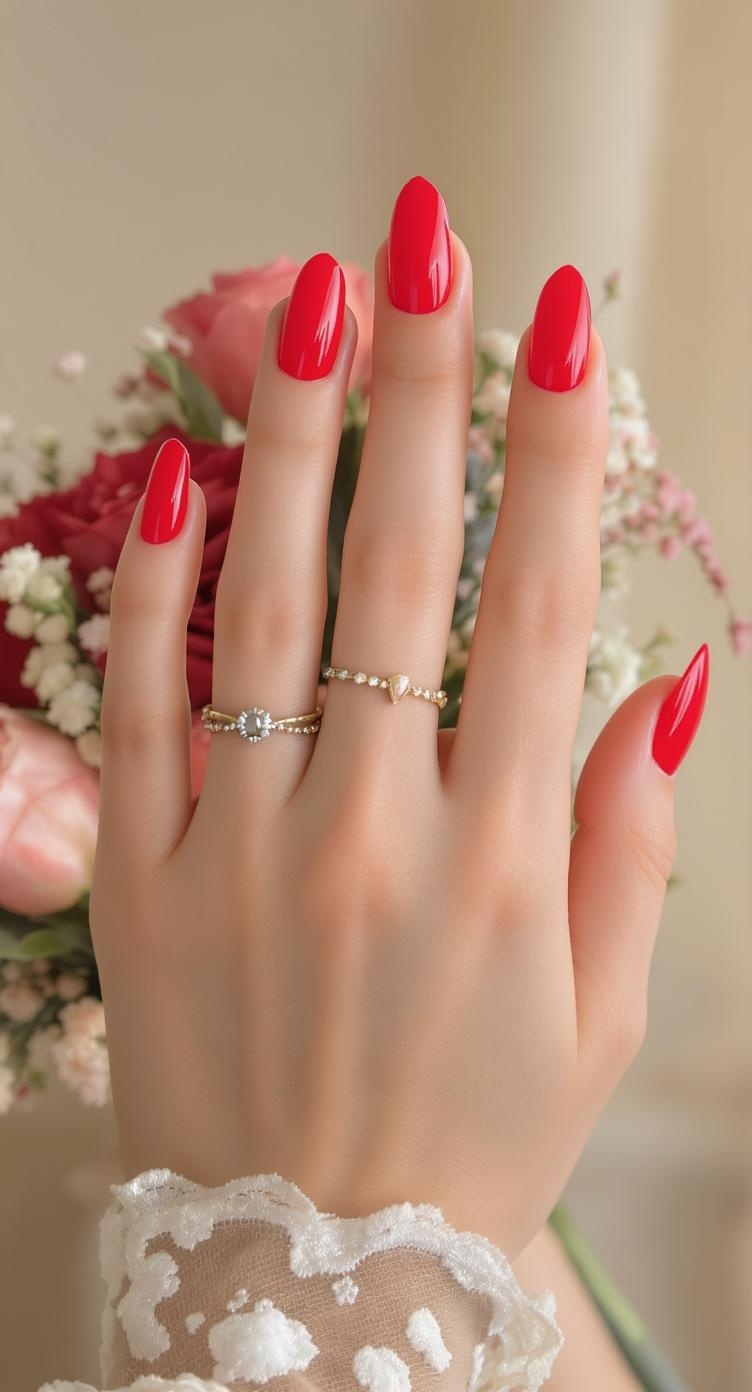 A hand with red nails adorned with rings, set against a floral background.