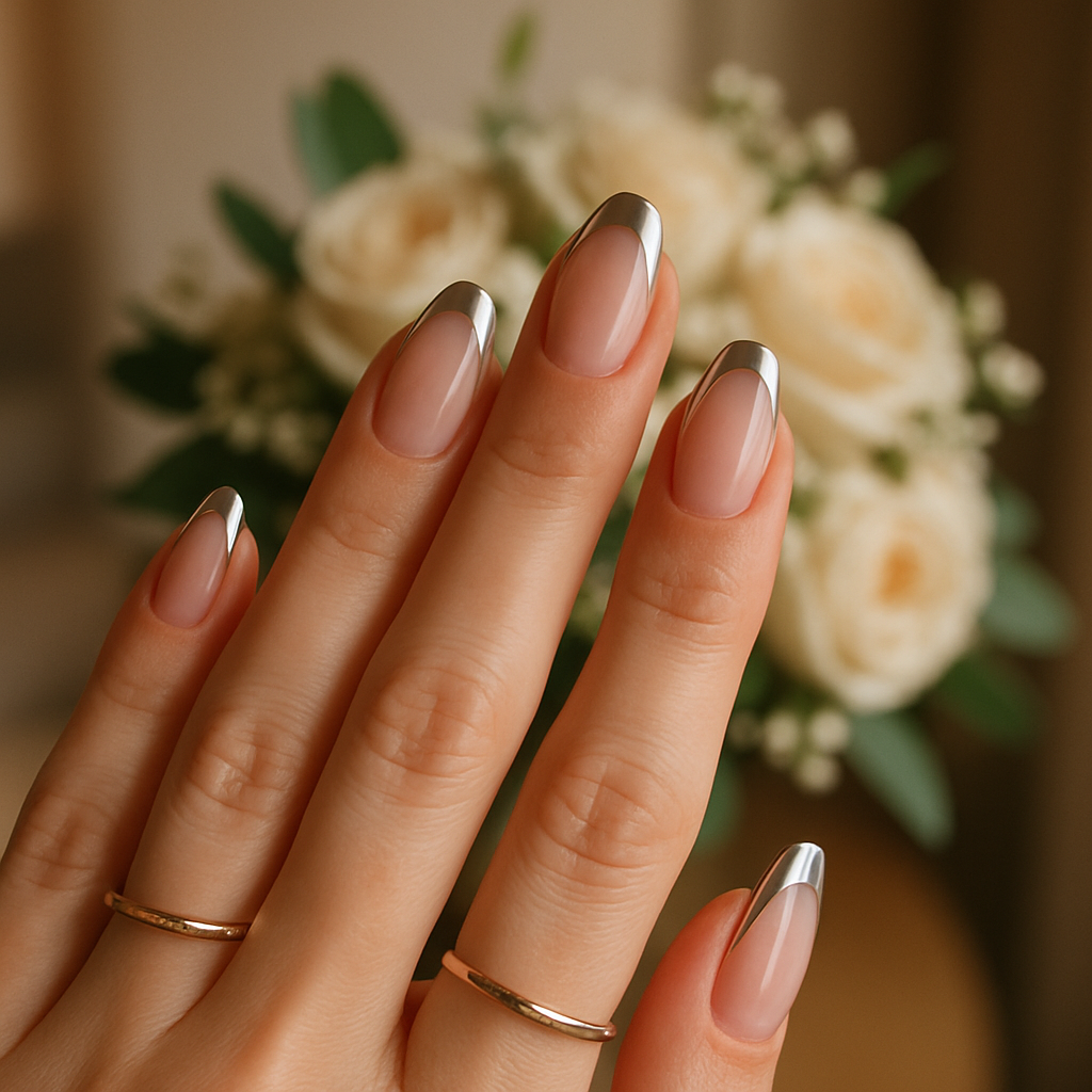 Close-up of hands with chrome French tip nails and gold rings, with a bouquet of white roses in the background.
