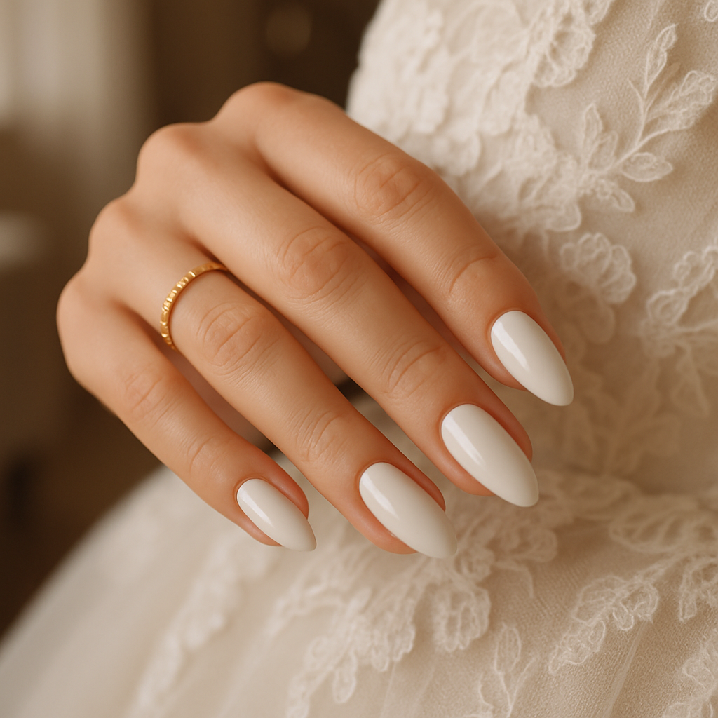 A close-up of a hand with classic white almond-shaped nails, adorned with a gold ring, resting on a lace wedding dress.