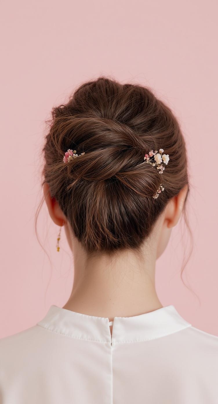 A back view of a woman with a twisted high bun hairstyle adorned with floral hairpins.