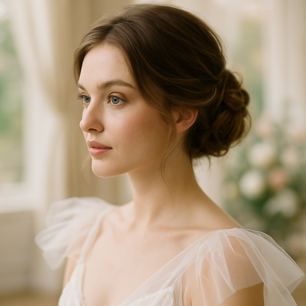 A woman with a soft low knotted updo hairstyle adorned with tulle, showcasing a natural and elegant look.