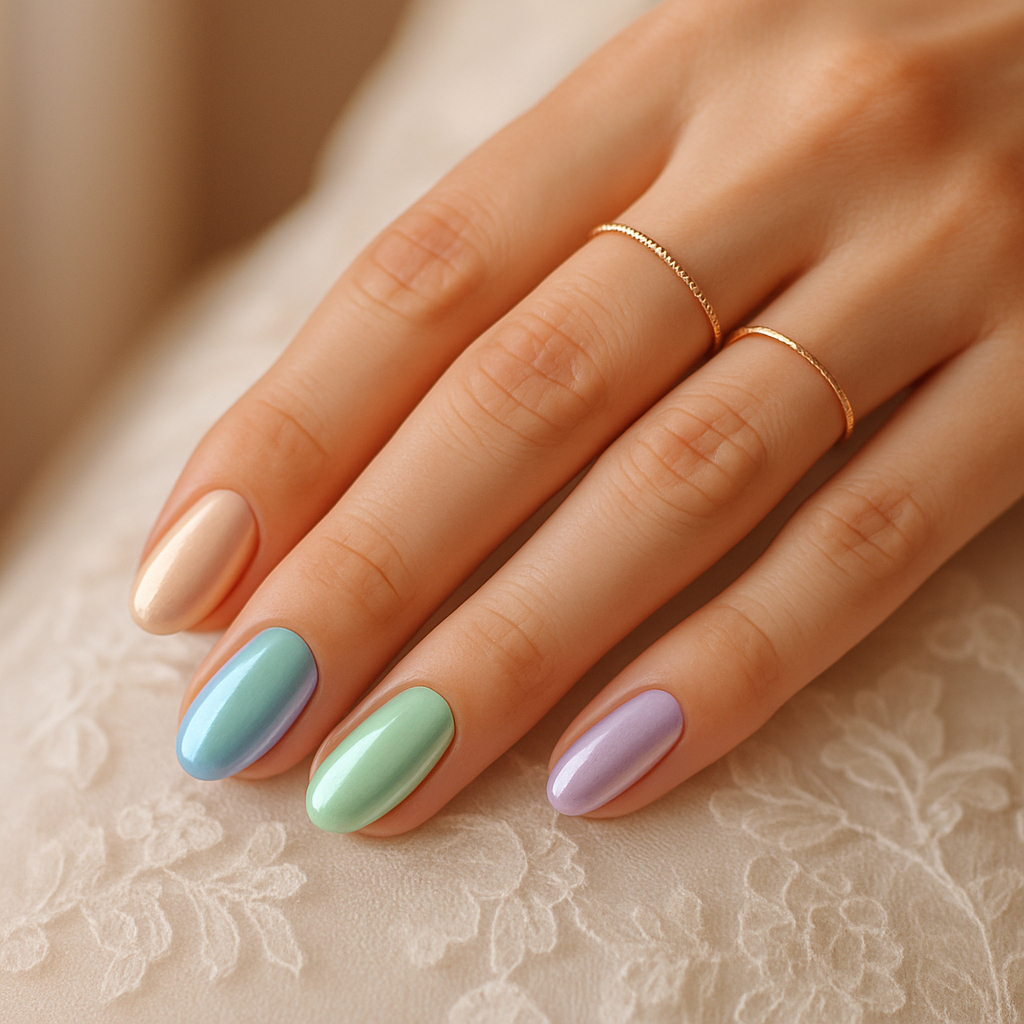 A hand with pastel chrome nails in soft shades of gold, green, and lavender, showcasing a delicate and elegant look.