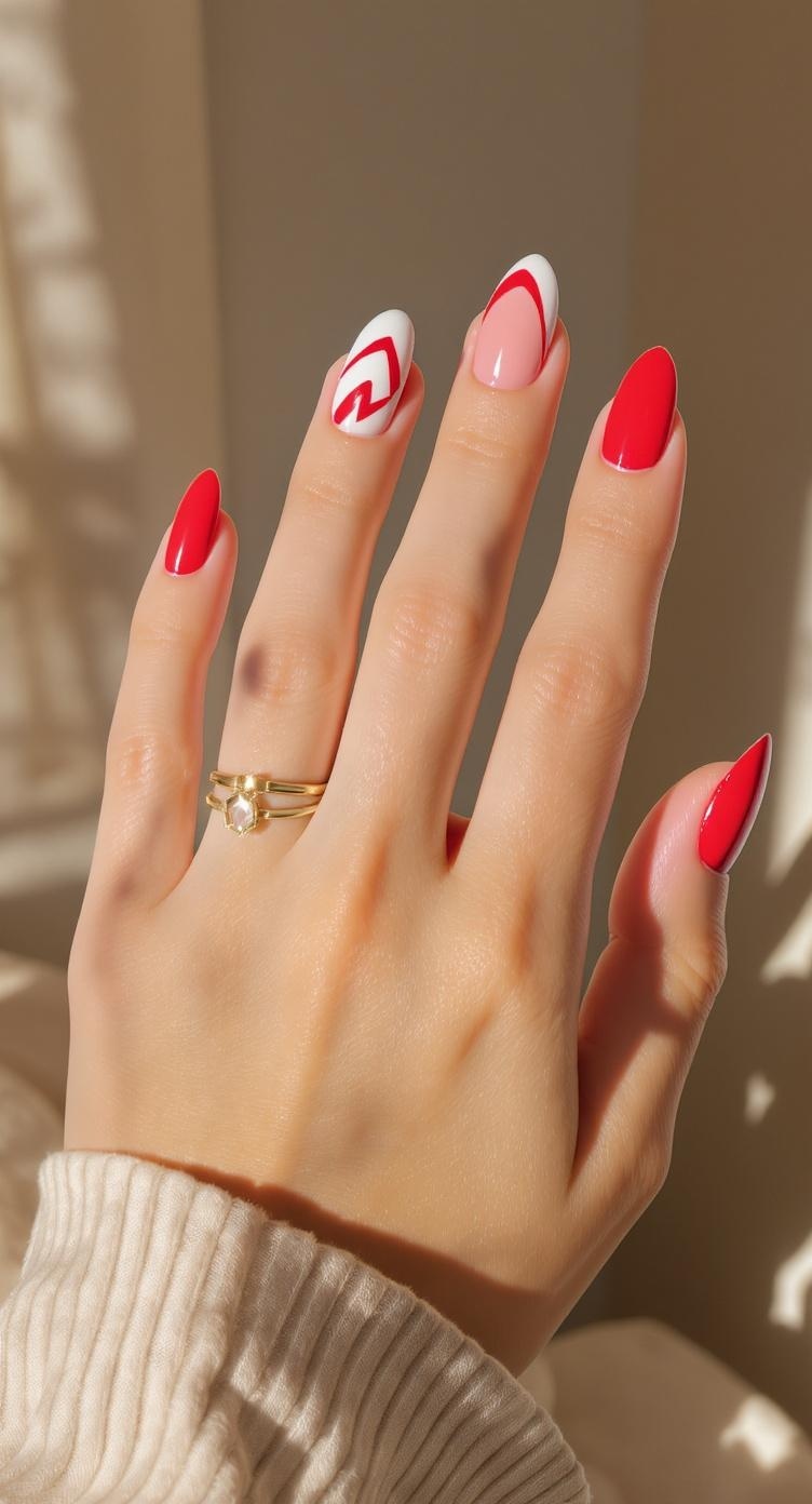 A hand with red and white nails, featuring a mix of solid red and white nails with red designs, adorned with a gold ring.