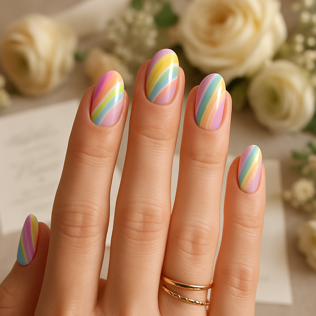 A close-up of pastel rainbow nail art featuring diagonal stripes in soft colors, set against a background of white roses.