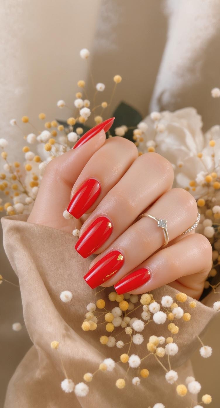 Close-up of red nails with gold accents, surrounded by flowers.