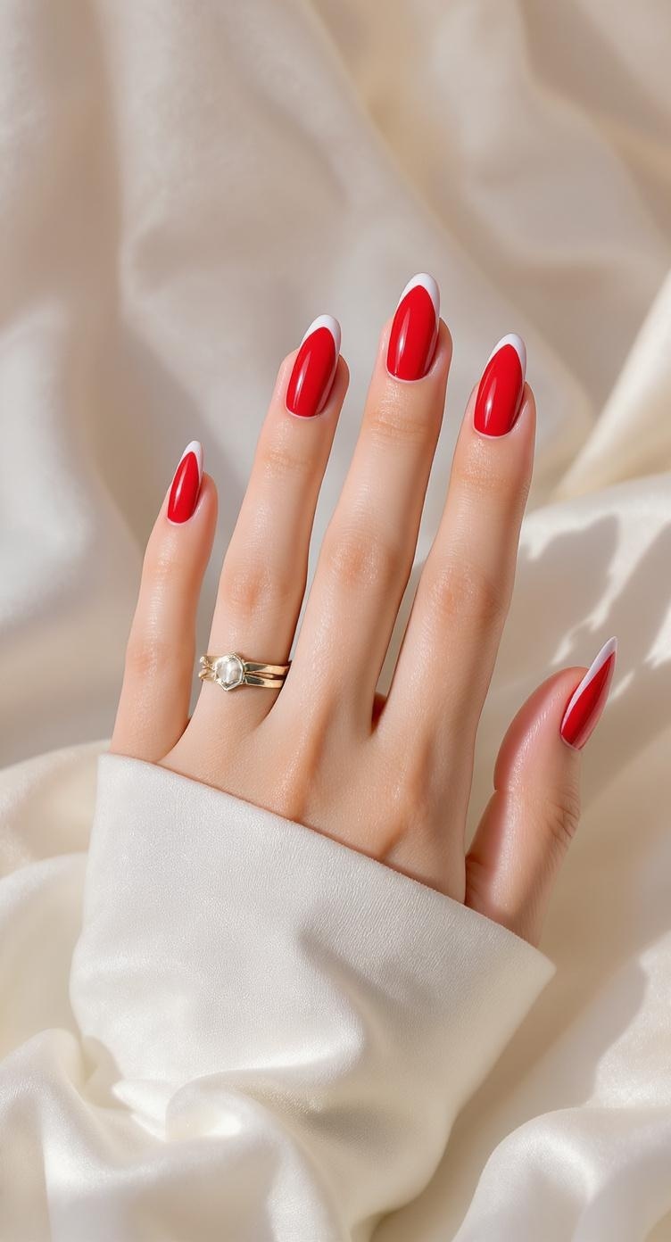 A hand with red nails featuring white stripes, adorned with a gold ring, resting on a soft fabric.