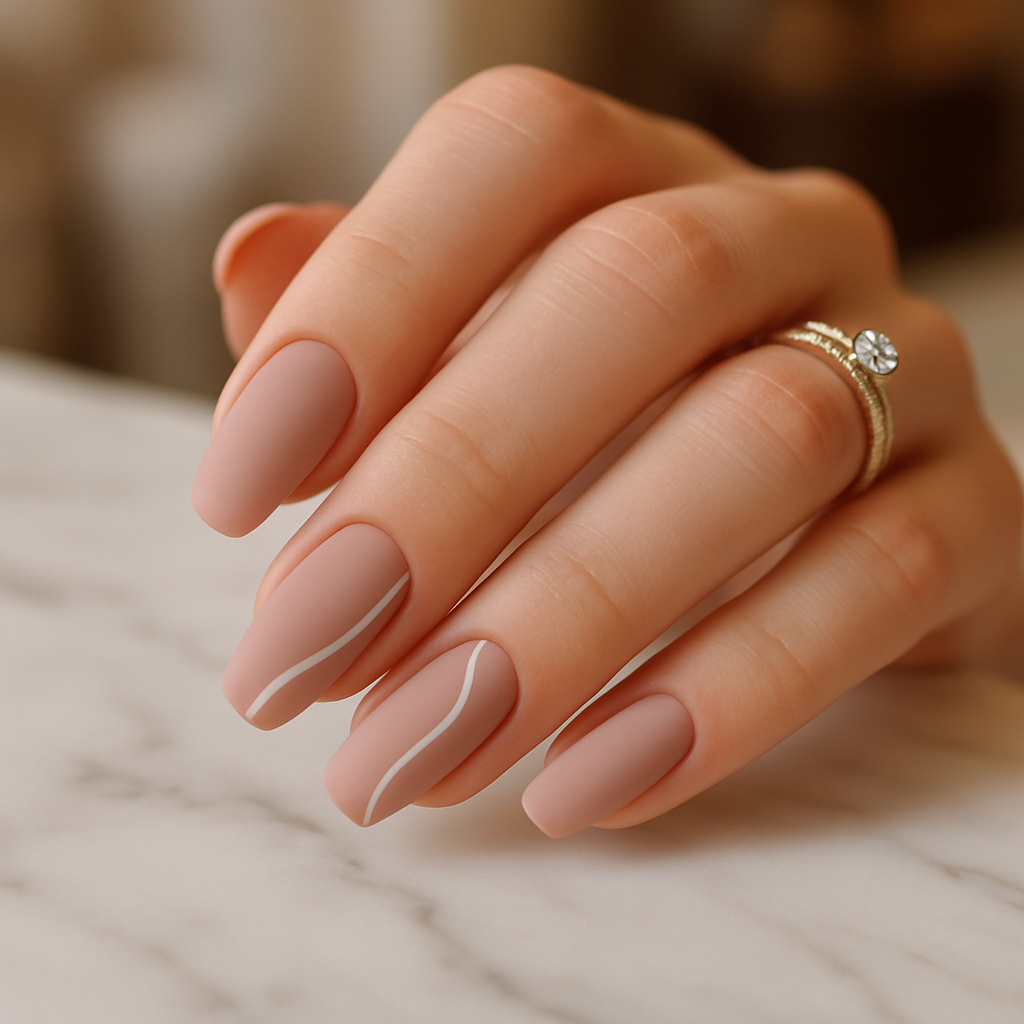 A close-up of chic matte finish wedding acrylic nails with a nude base and white line design.