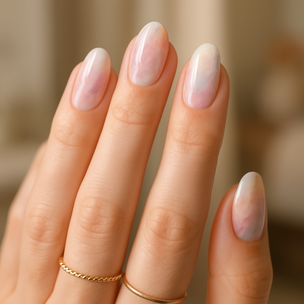 Close-up of artistic watercolor nails in soft pastel colors.