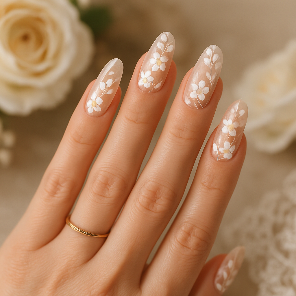 A close-up of romantic floral nail art on acrylic nails, featuring white flowers on a nude background.
