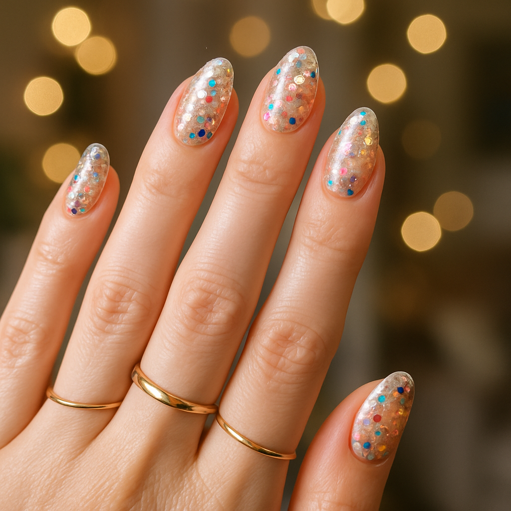 A hand with whimsical glitter and confetti nails, featuring a clear base and colorful sparkles, adorned with gold rings.