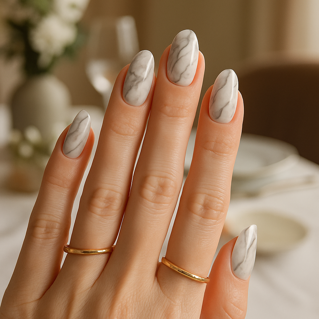 Elegant marble effect nails in gray and white with gold rings