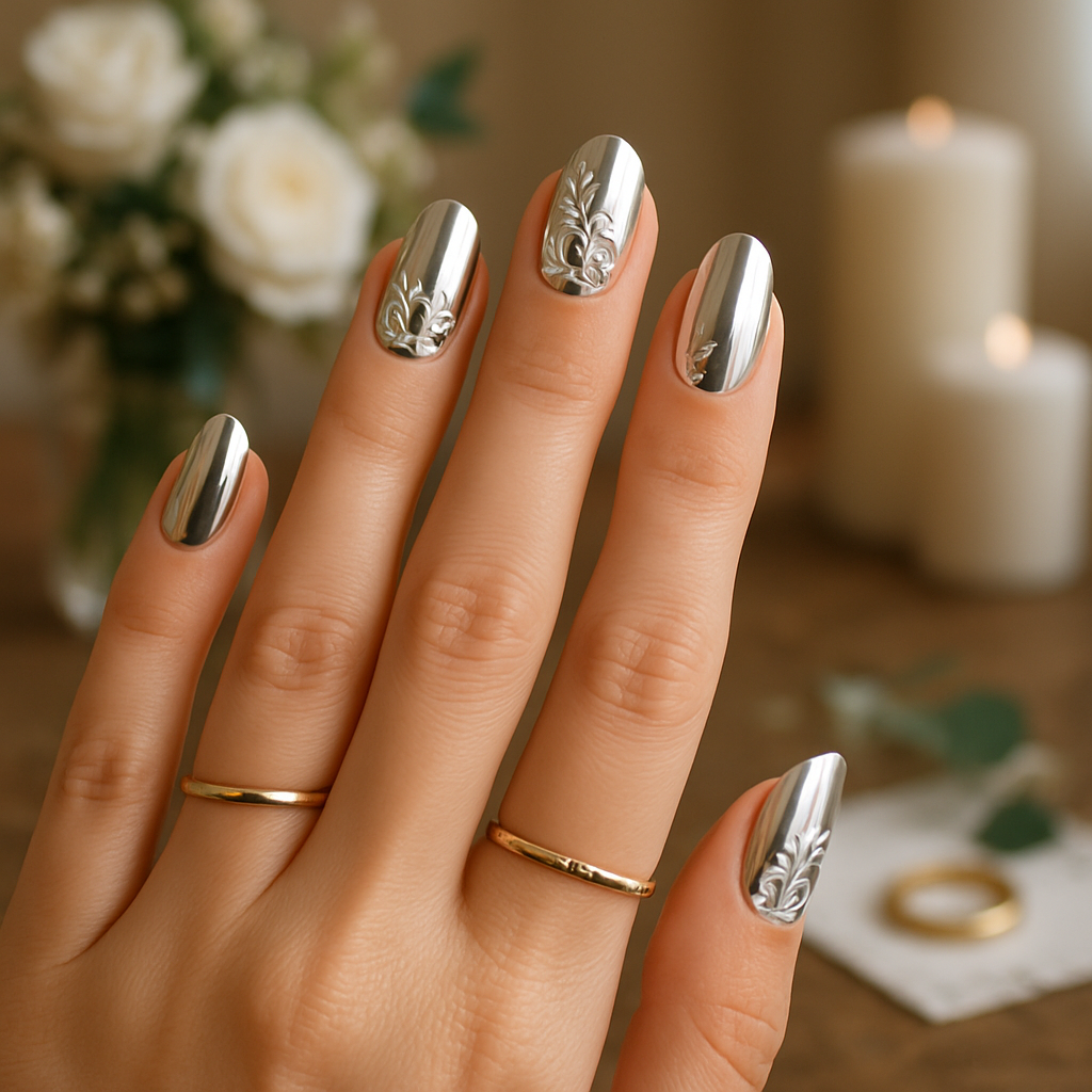 A close-up of hands with chrome nails featuring floral designs, set against a soft background with candles and flowers.