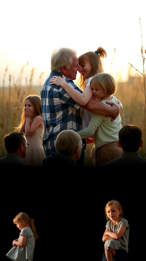 A father joyfully embracing his daughters in a field during sunset.