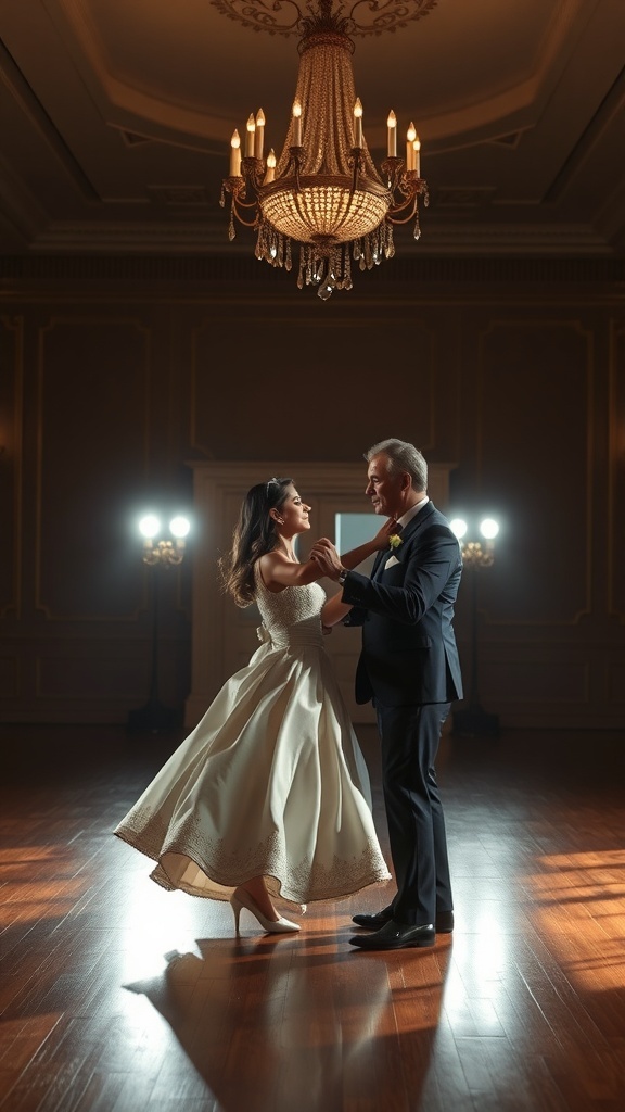 Father and daughter dancing in a grand ballroom under a chandelier.