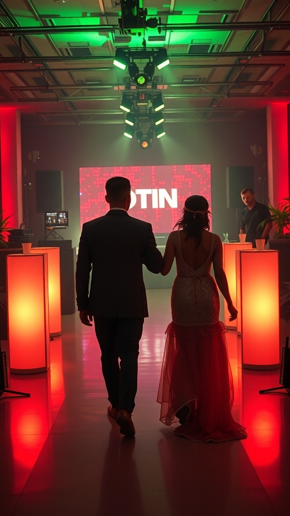 A couple walking down the aisle in a modern wedding setting with colorful lights.