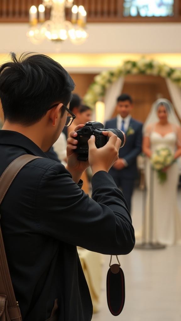 A young photographer capturing a wedding scene with a camera.