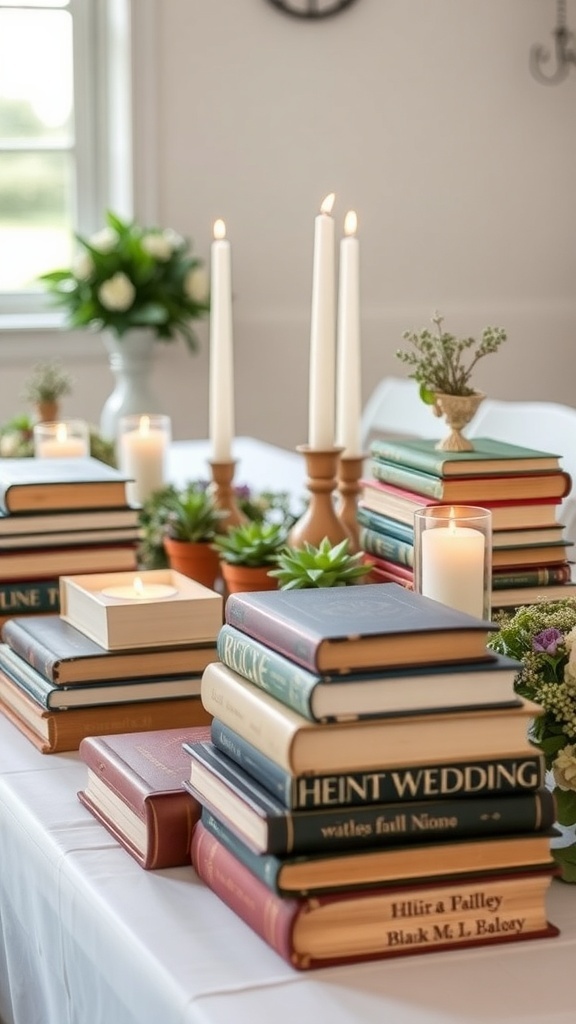 A wedding table decorated with stacked vintage books, candles, and small plants.