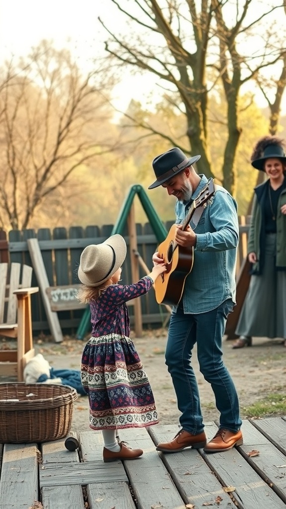 Father playing guitar with his daughter in a playful outdoor setting.