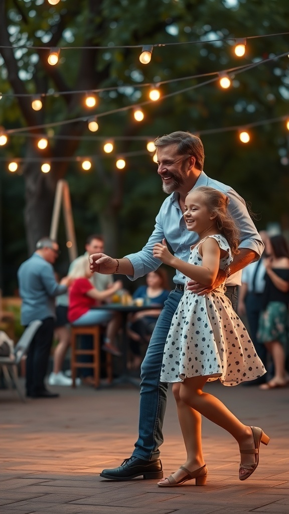 A father and daughter dancing joyfully under string lights at an outdoor event.