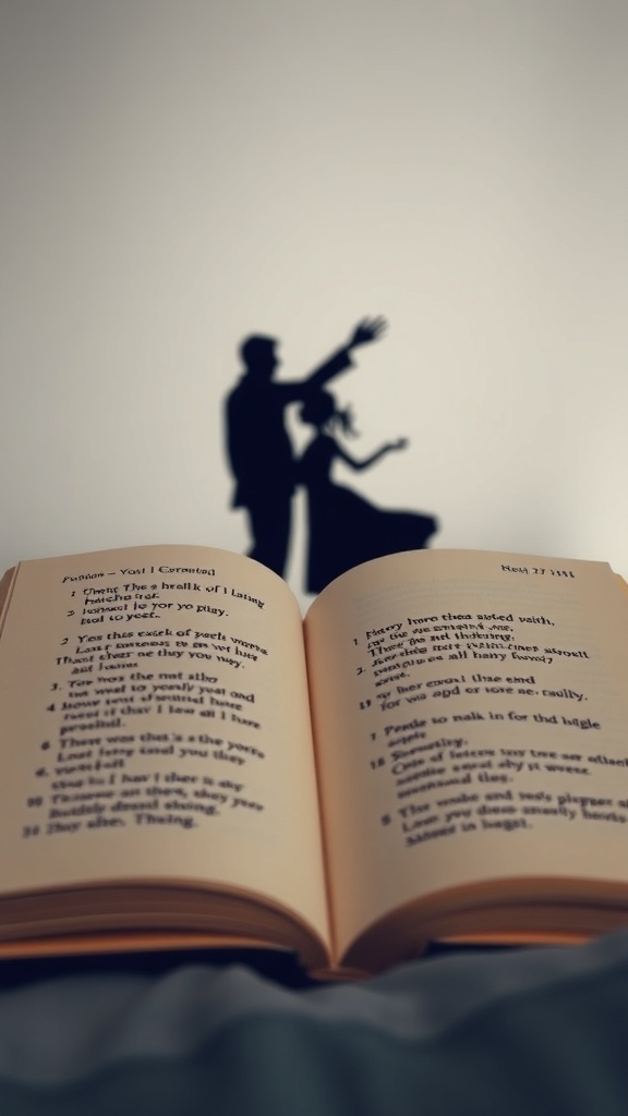 A father and daughter dancing, with their silhouettes cast against a wall, and an open book with emotional lyrics in the foreground.