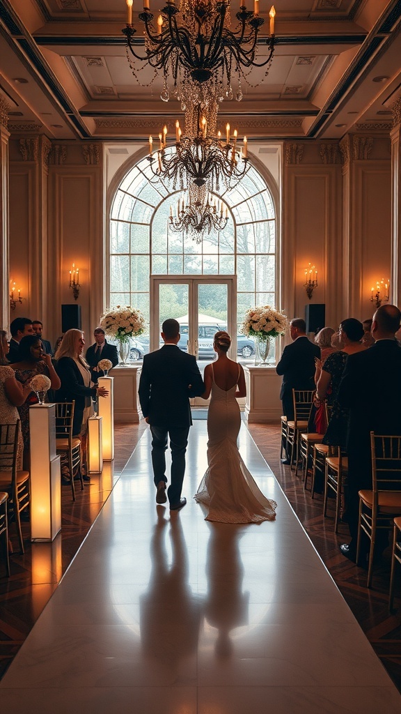Couple walking down the aisle in an elegant wedding venue