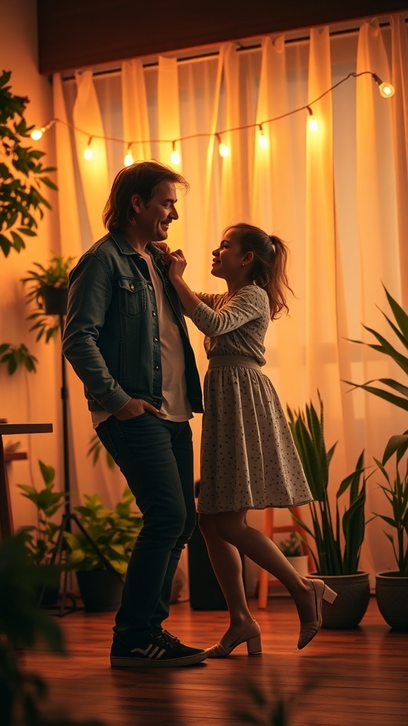 A father and daughter dancing together in a warmly lit room filled with plants.