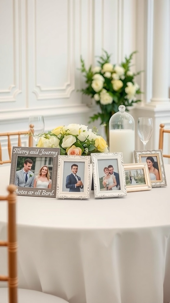 A wedding table with personalized photo frames displaying memories of the couple.