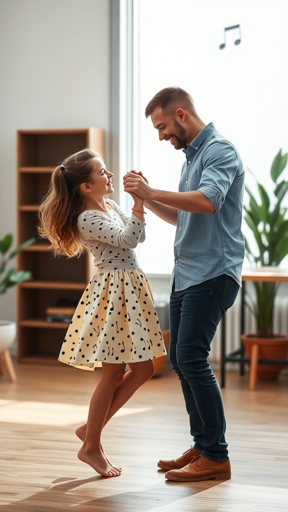 Father and daughter dancing together in a bright room