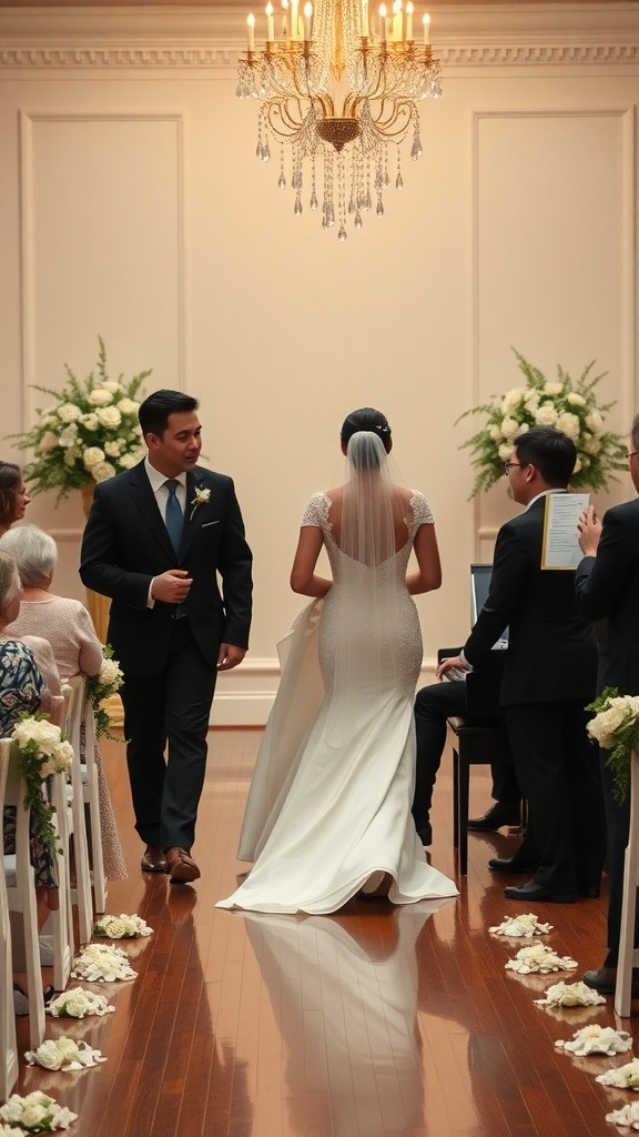 A couple walking down the aisle during a wedding ceremony, with a chandelier overhead and floral decorations.