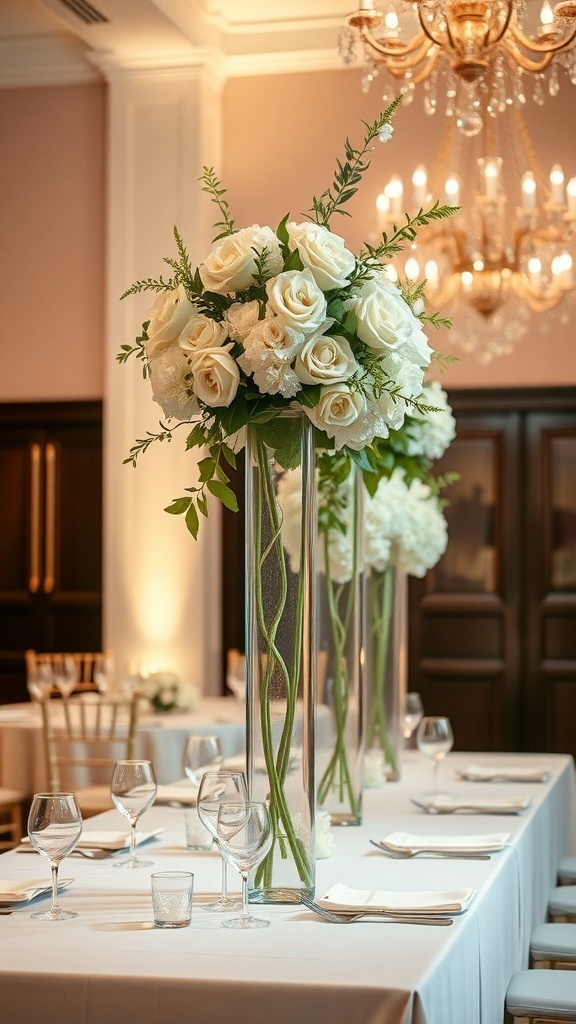 Tall floral arrangements with white roses in clear vases on a wedding table